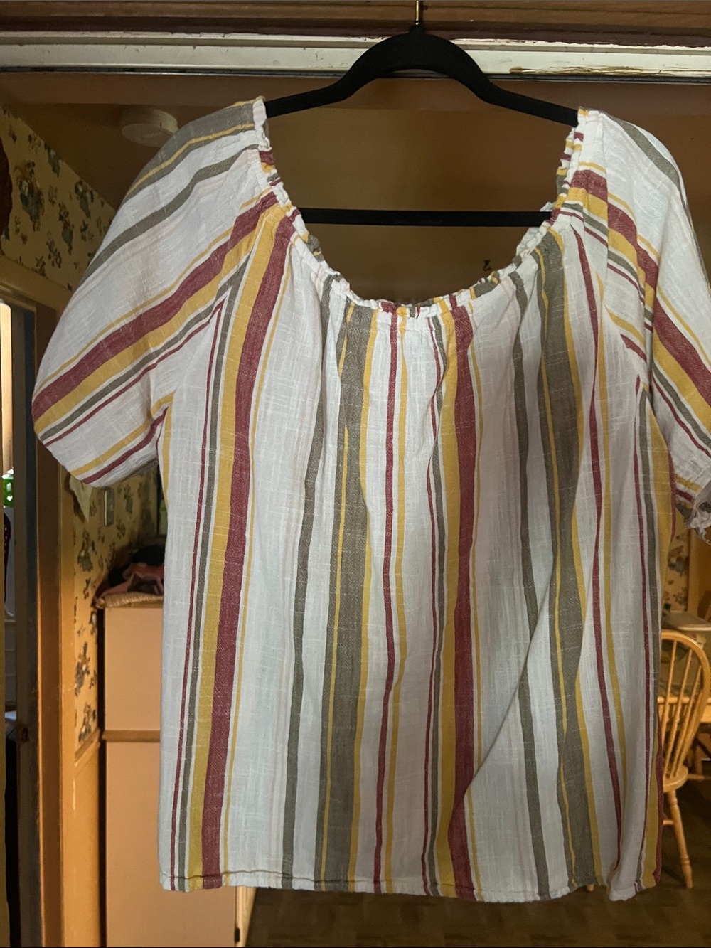 Cato White Striped Off-Shoulder Blouse with Mustard & Mauve Stripes